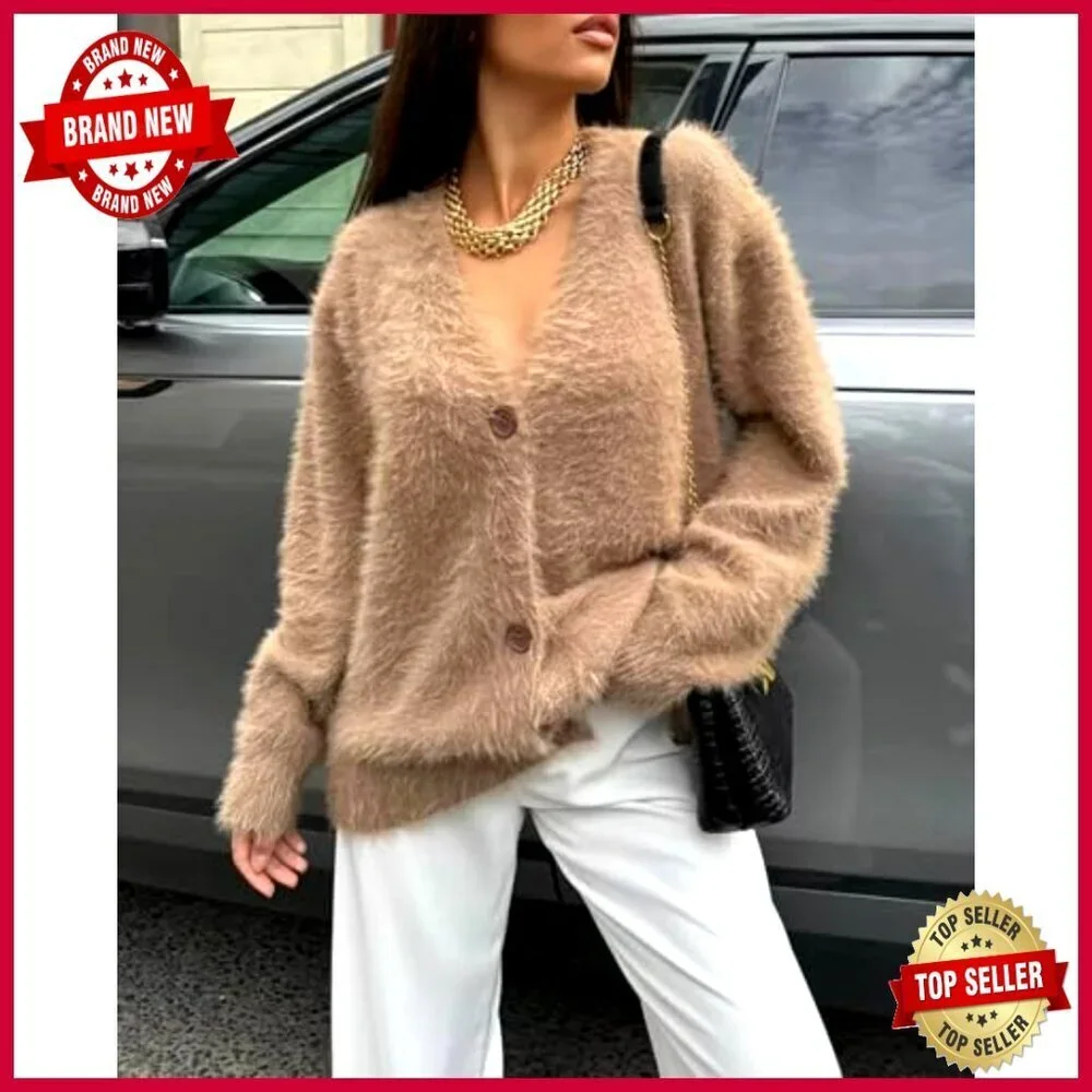 Fuzzy V-Neck Button Cardigan Oversized Slouchy Knit Sweater Coat Y2K Chic